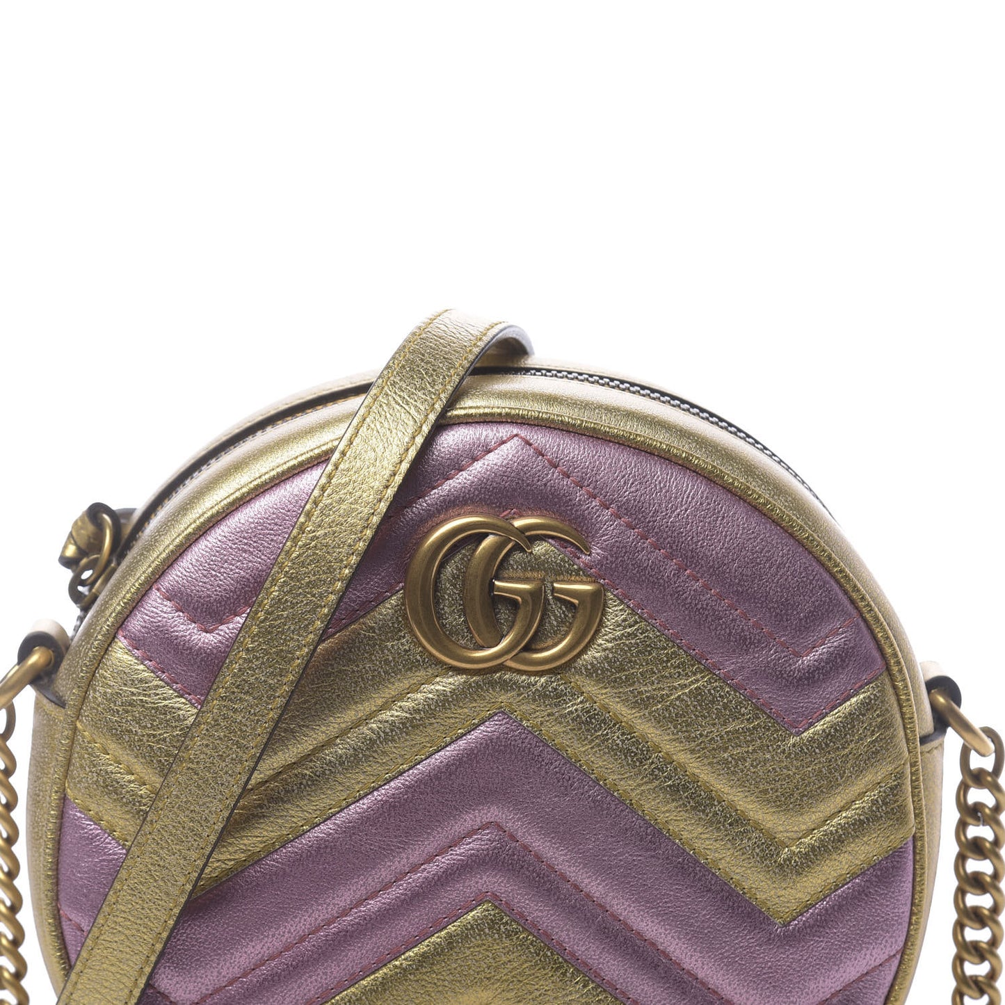 Metallic Calfskin Matelasse Mini GG Marmont Round Shoulder Bag Gold Pink