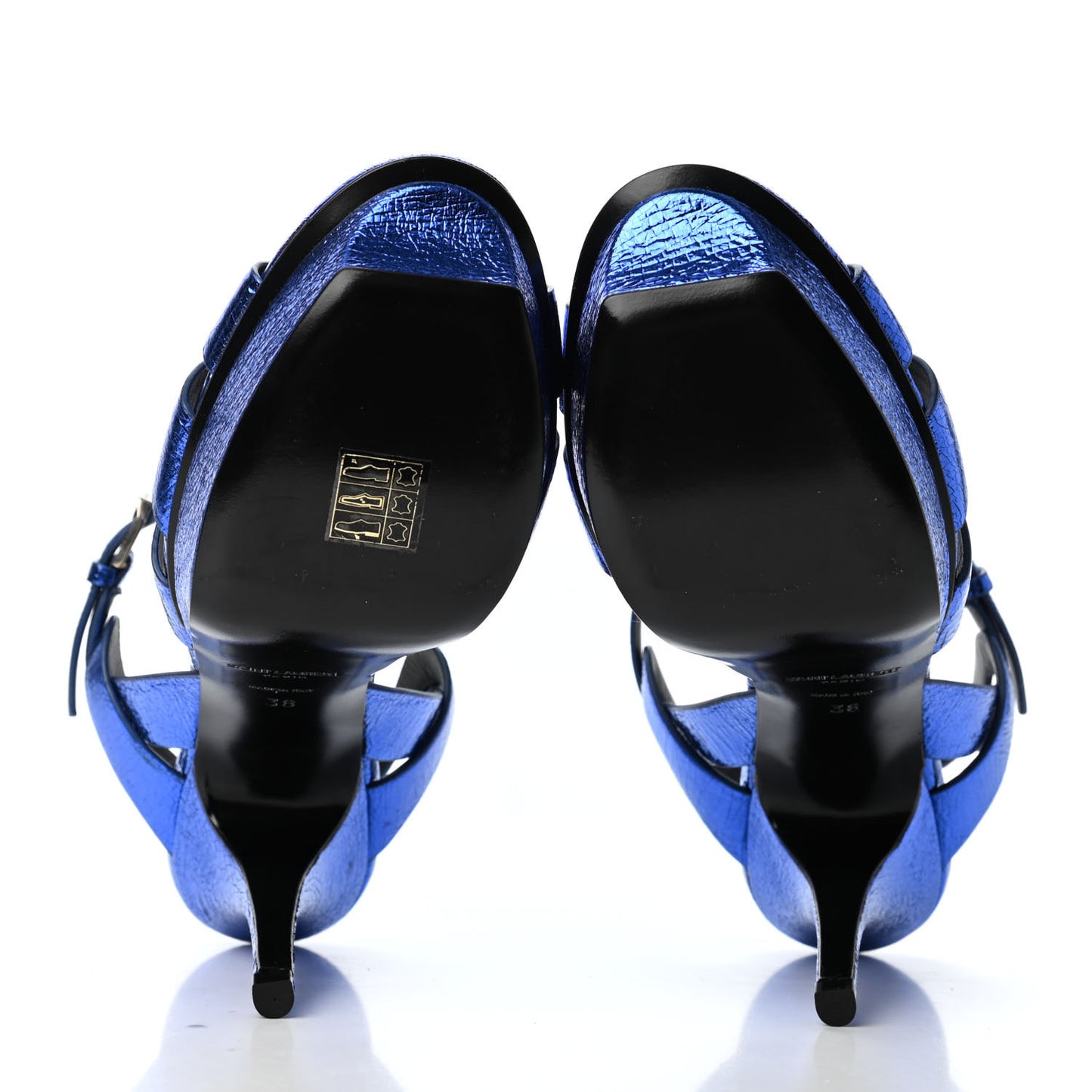 Metallic Crackled Calfskin Tribute 75 Platform Sandals 38 Blue