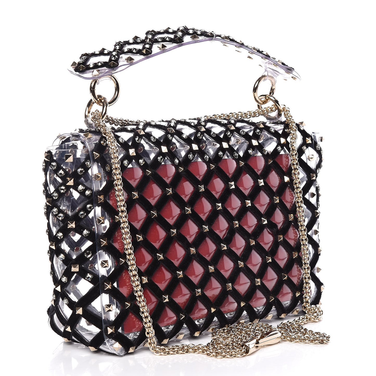 PVC Velvet Crystal Embellished Medium Rockstud Spike Shoulder Bag