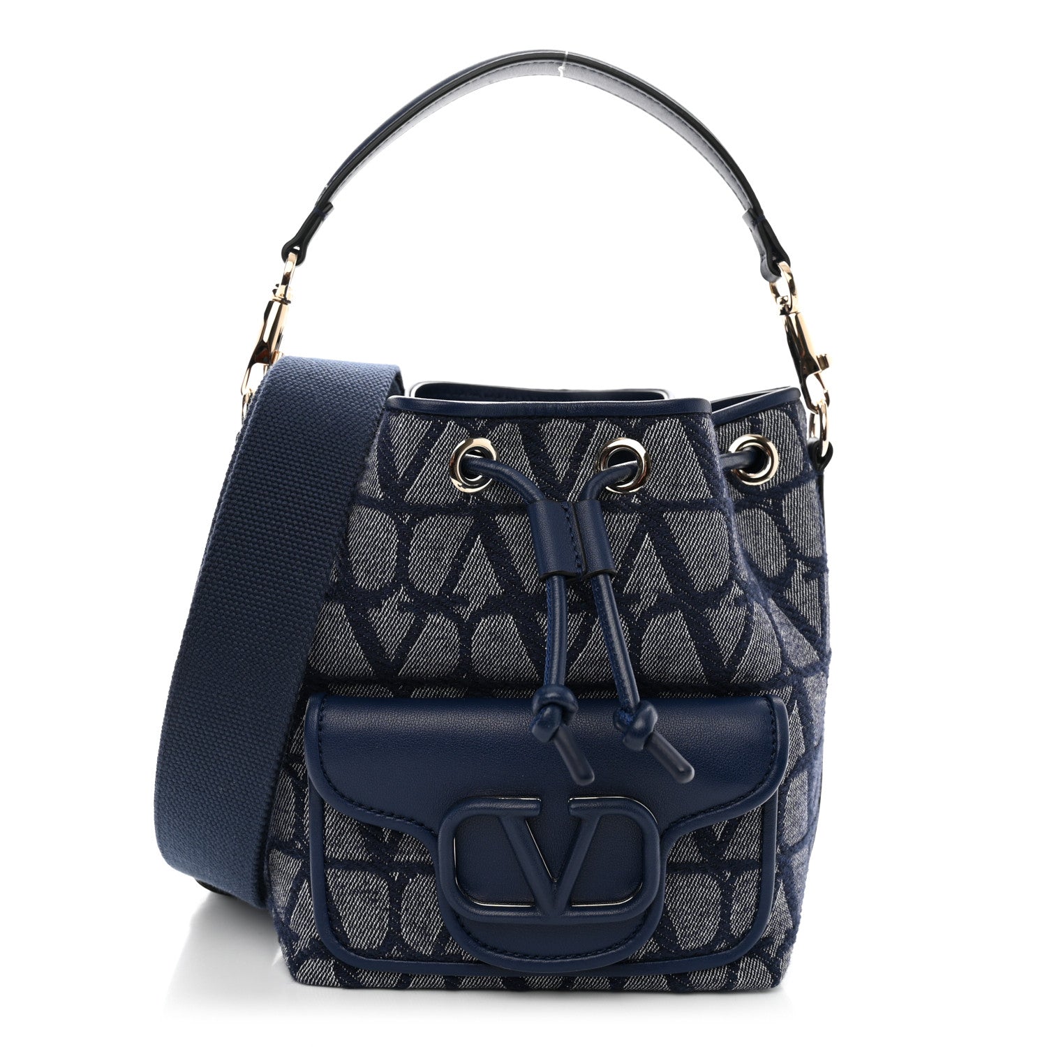 Valentino Garavani Toile Iconographe Nappa Vlogo Small Loco Drawstring Bucket Bag Melange Denim Worker 1 of 11
