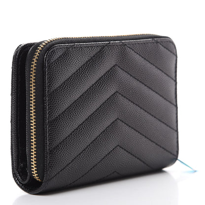 Saint Laurent Grain De Poudre Matelasse Chevron Monogram Compact Zip Around Wallet Black 2 of 8