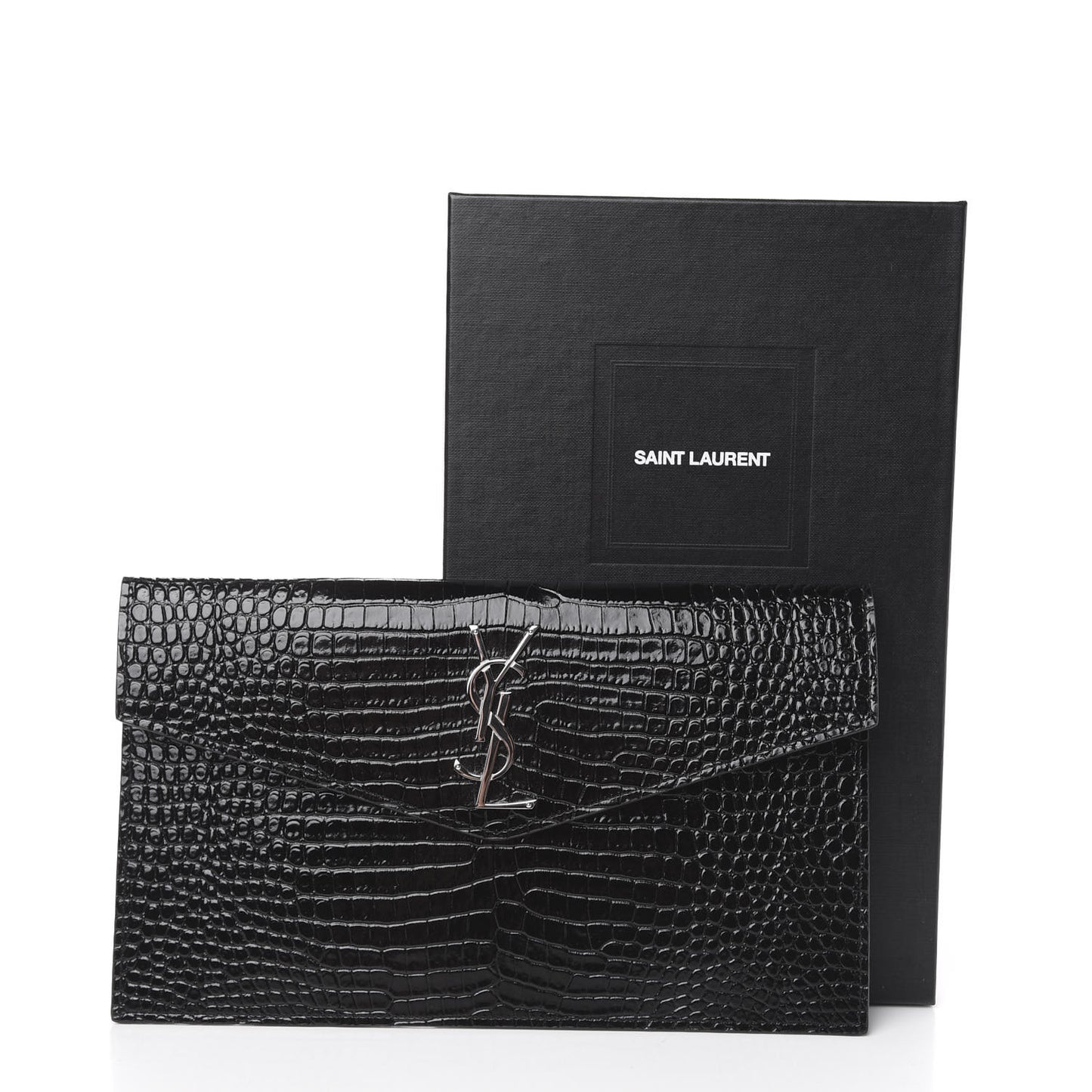 Calfskin Crocodile Embossed Uptown Monogram Clutch Black