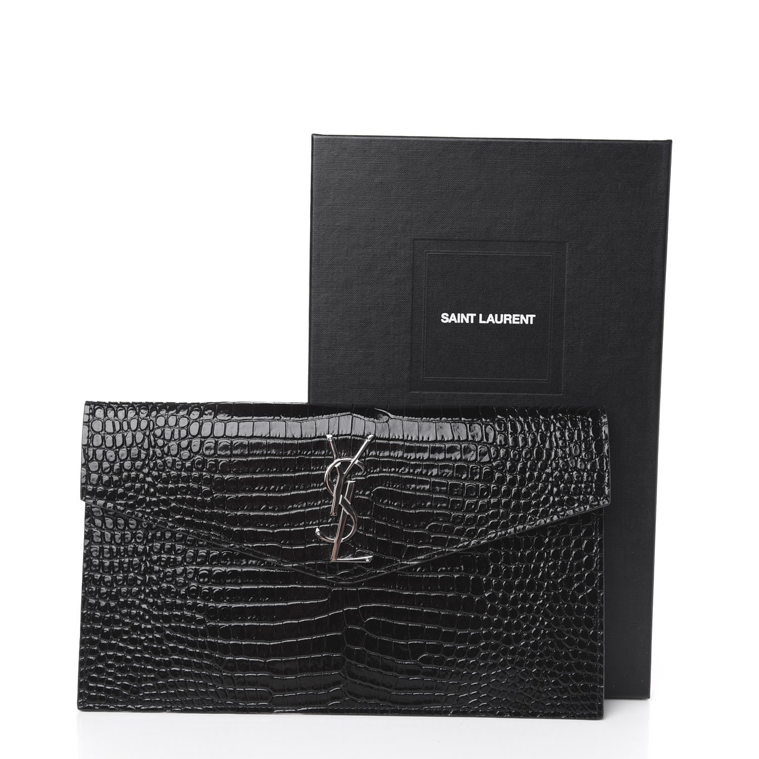 Saint Laurent Calfskin Crocodile Embossed Uptown Monogram Clutch Black 8 of 8