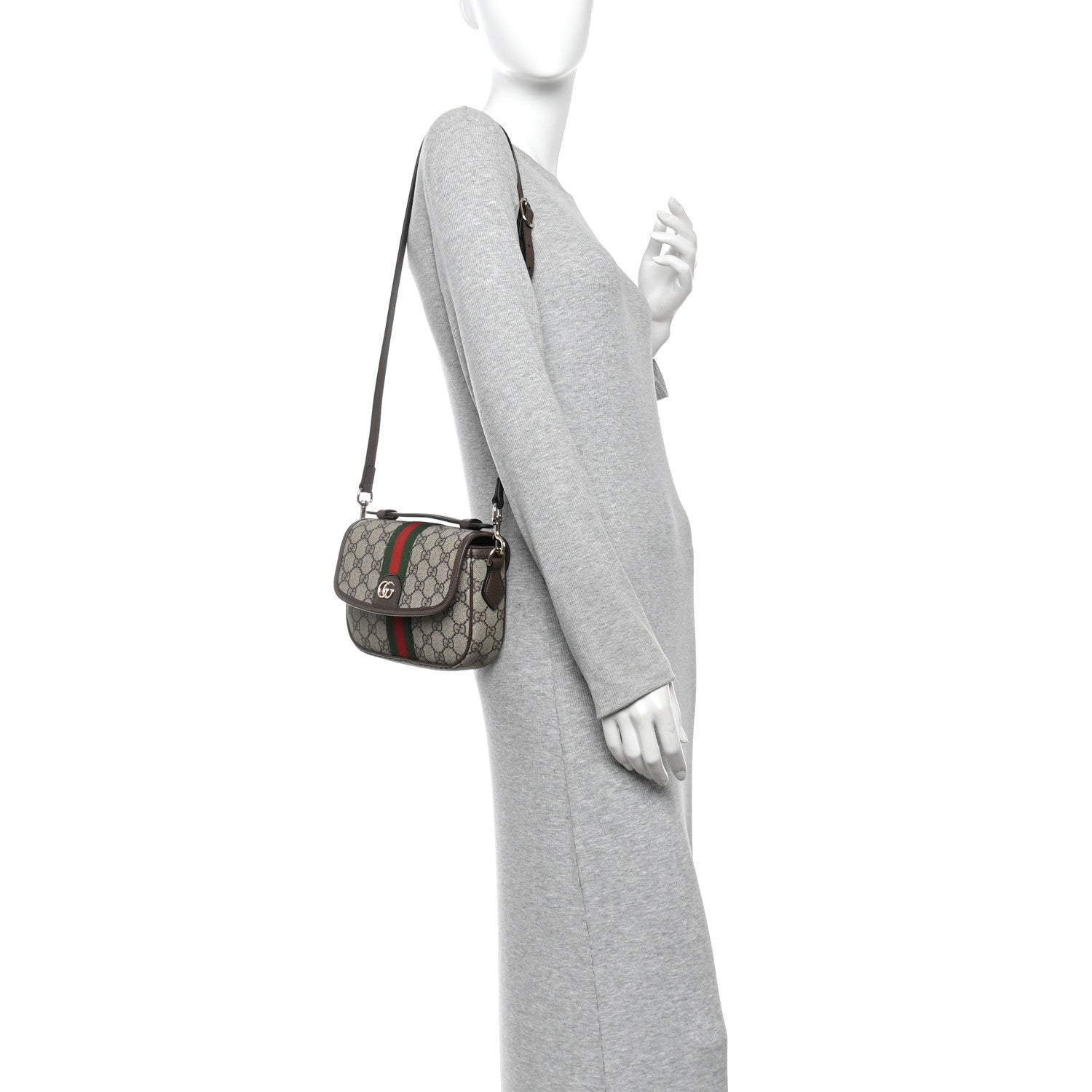 Gucci GG Supreme Monogram Textured Dollar Calfskin Small Ophidia Top Handle Shoulder Bag Beige Brown 2 of 10