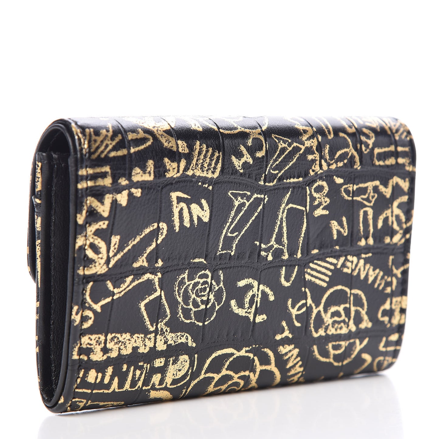 Calfskin Crocodile Embossed Graffiti 2.55 Cocodile Reissue Flap Card Holder Black Gold