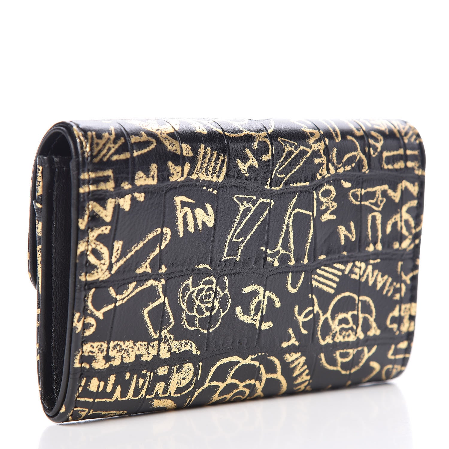 Chanel Calfskin Crocodile Embossed Graffiti 2.55 Cocodile Reissue Flap Card Holder Black Gold 3 of 9