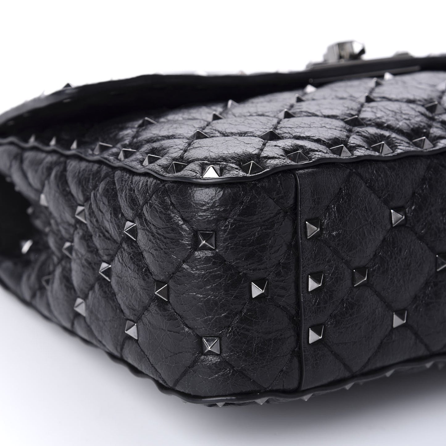 Craquele Nappa Medium Rockstud Spike Shoulder Bag Black