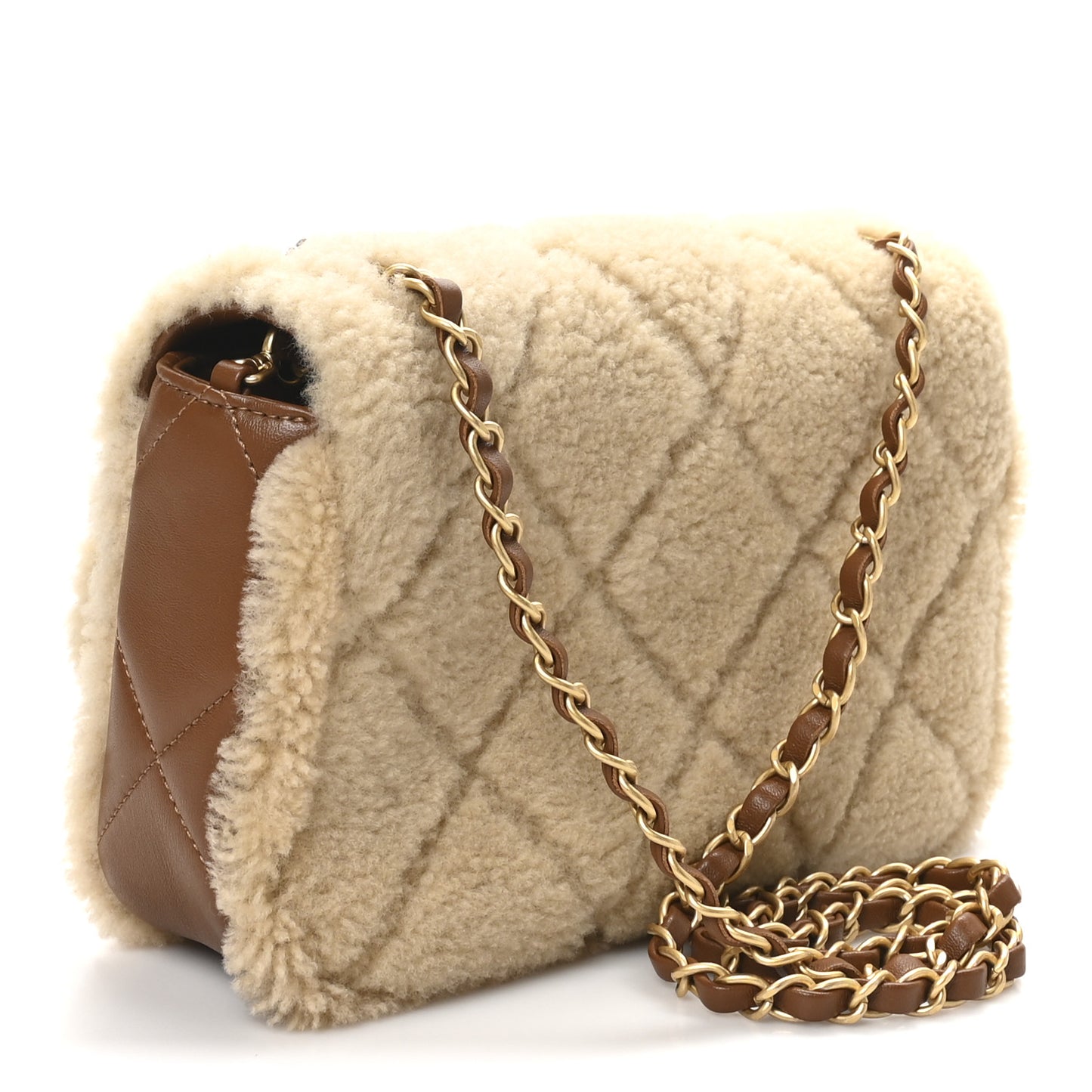 Shearling Lambskin Quilted Furry Coco Flap Beige Brown