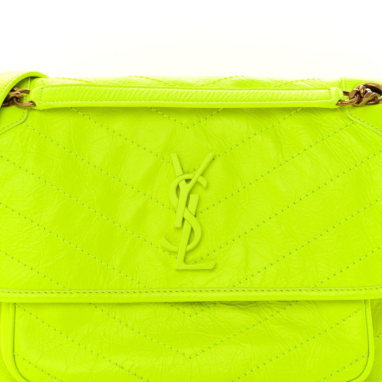 Crinkled Calfskin Matelasse Monogram Medium Niki Chain Satchel Neon Yellow
