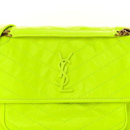 Saint Laurent Crinkled Calfskin Matelasse Monogram Medium Niki Chain Satchel Neon Yellow 8 of 10