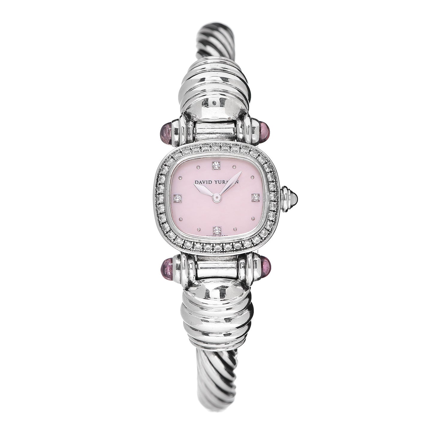 Sterling Silver Diamond Bezel Pink Mother of Pearl Pink Tourmaline 21mm Classic Cable Quartz Watch