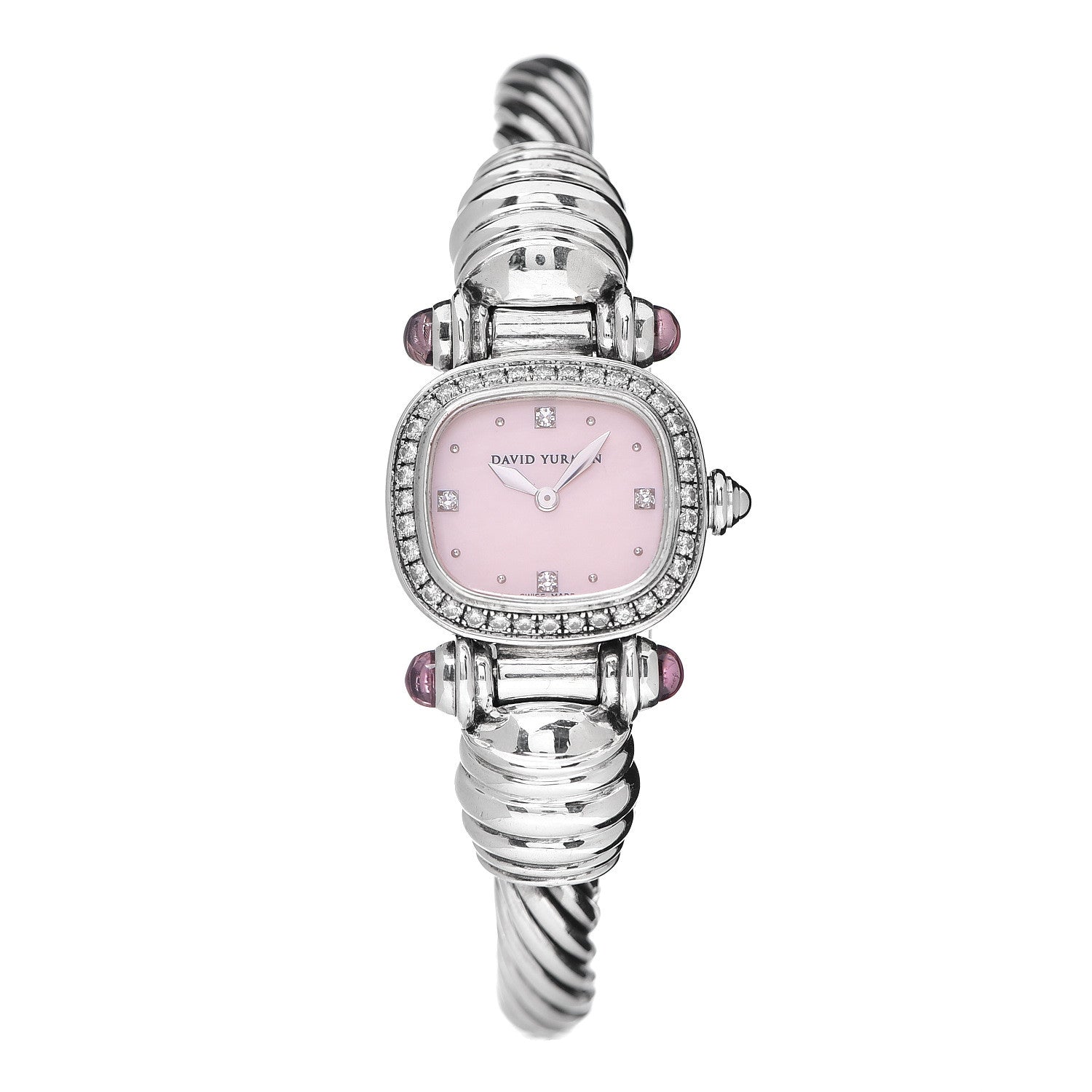 David Yurman Sterling Silver Diamond Bezel Pink Mother of Pearl Pink Tourmaline 21mm Classic Cable Quartz Watch 1 of 4