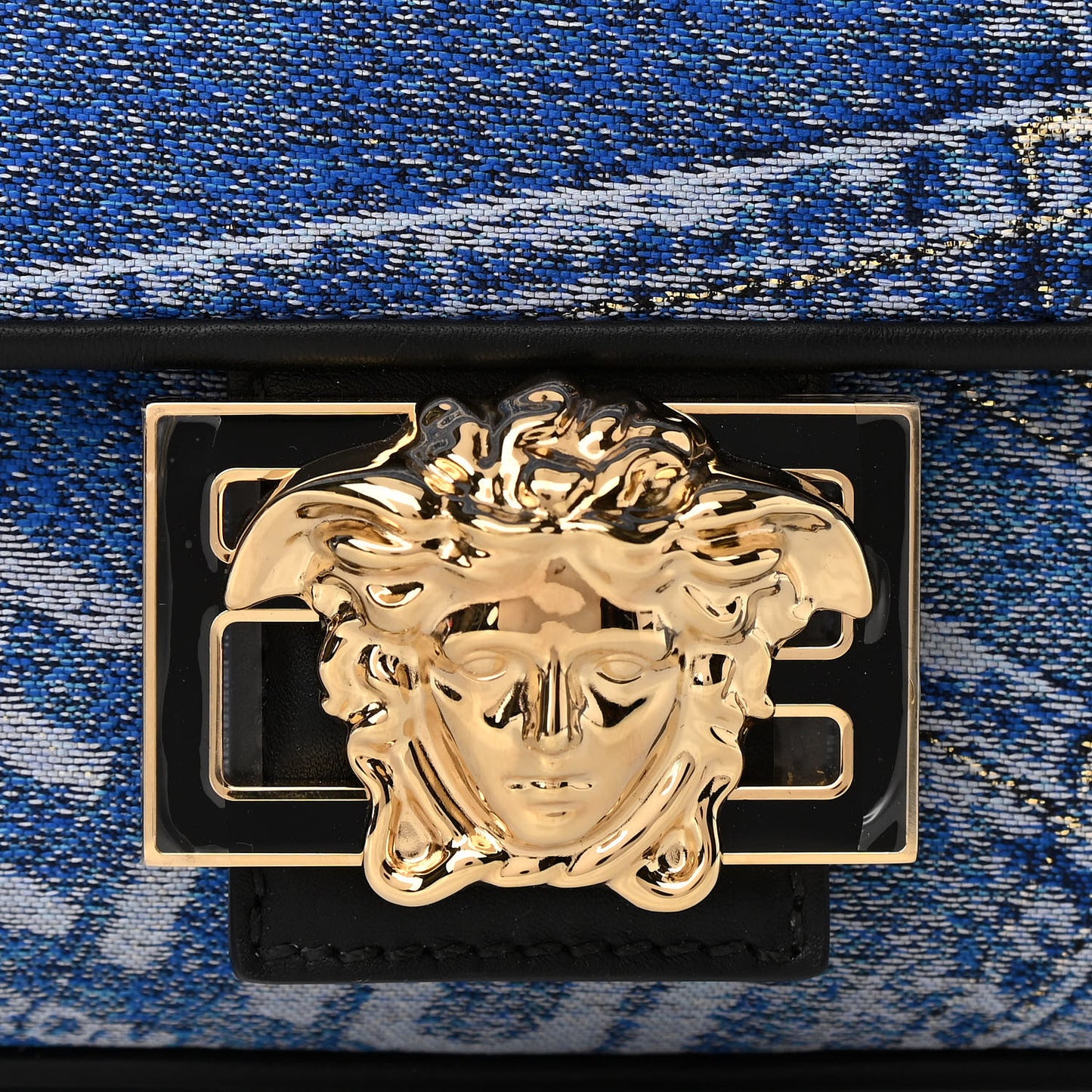 X FENDI Fabric Calfskin Medusa Denim Patchwork Print Baguette Blue Black Gold