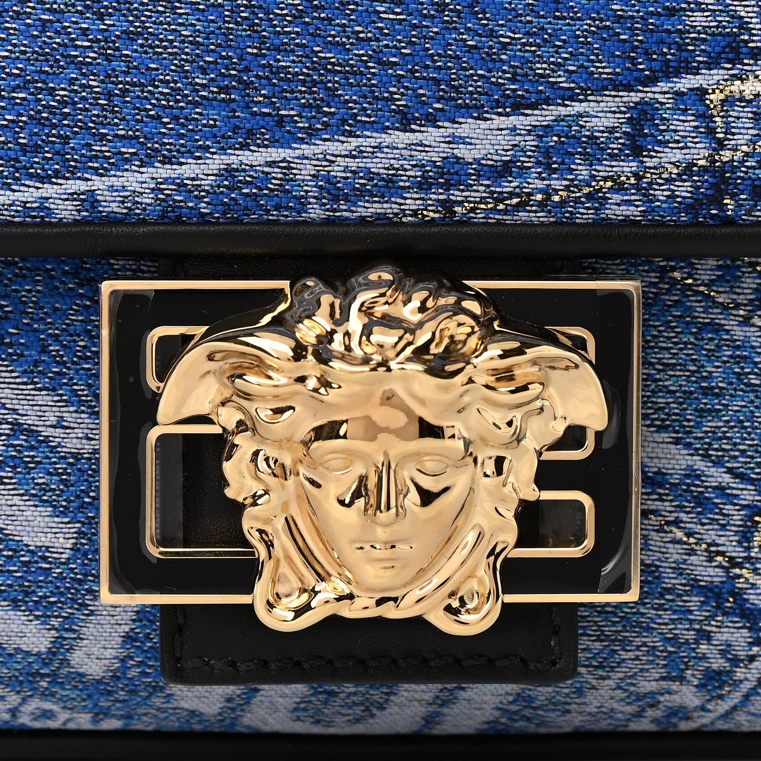 Versace X FENDI Fabric Calfskin Medusa Denim Patchwork Print Baguette Blue Black Gold 9 of 9