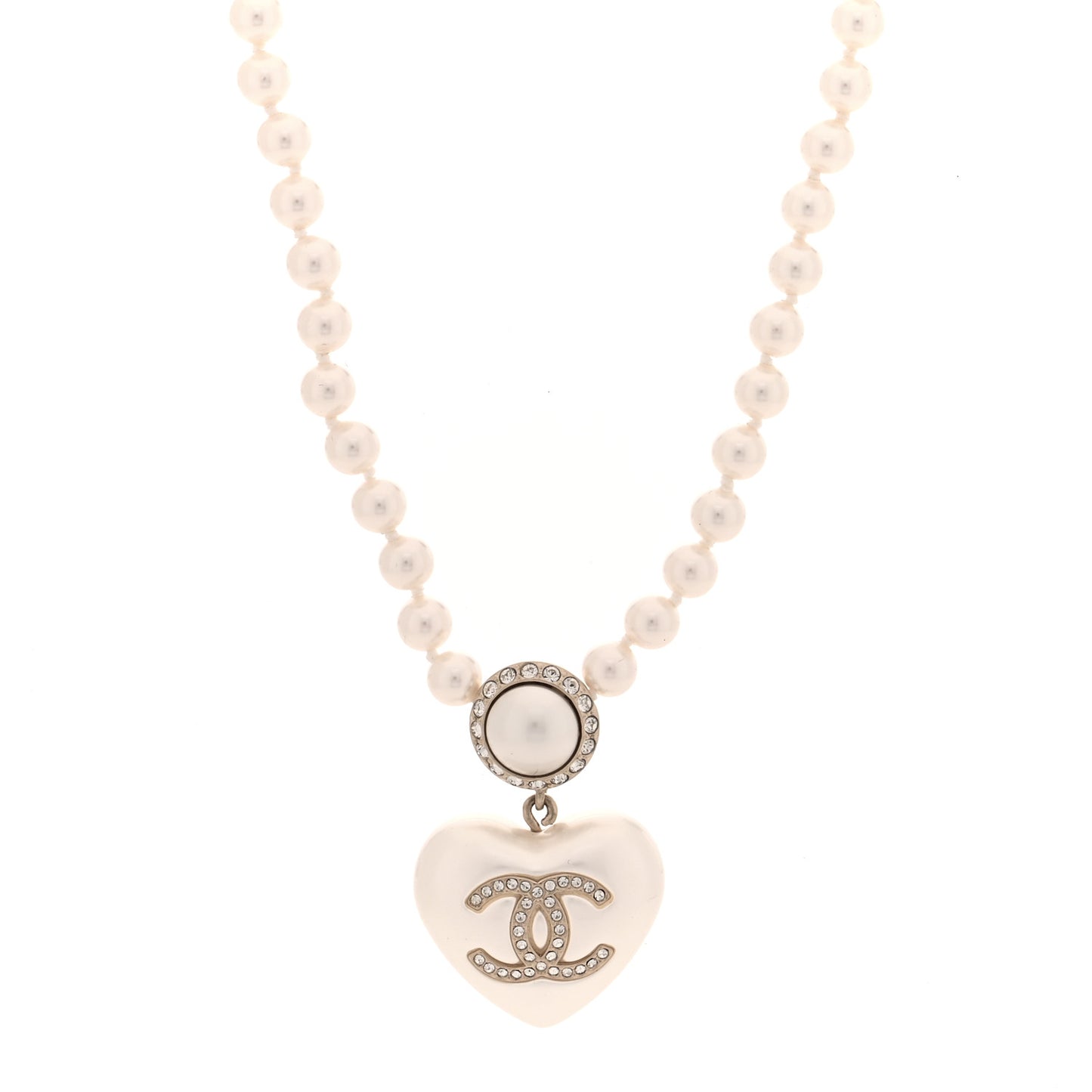 Pearl Crystal CC Heart Short Necklace Pearly White Gold