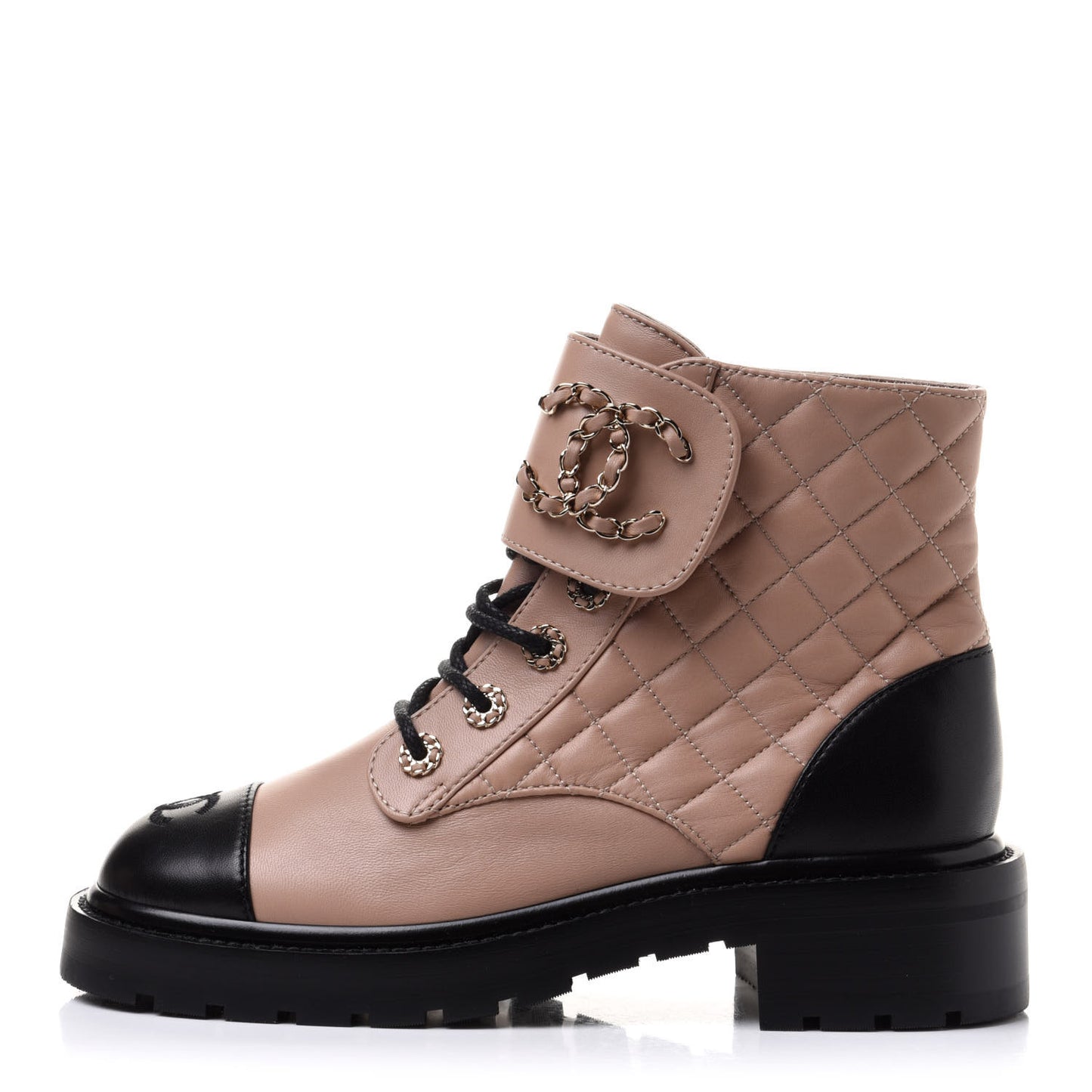 Shiny Lambskin Quilted Lace Up Combat Boots 38 Beige Black