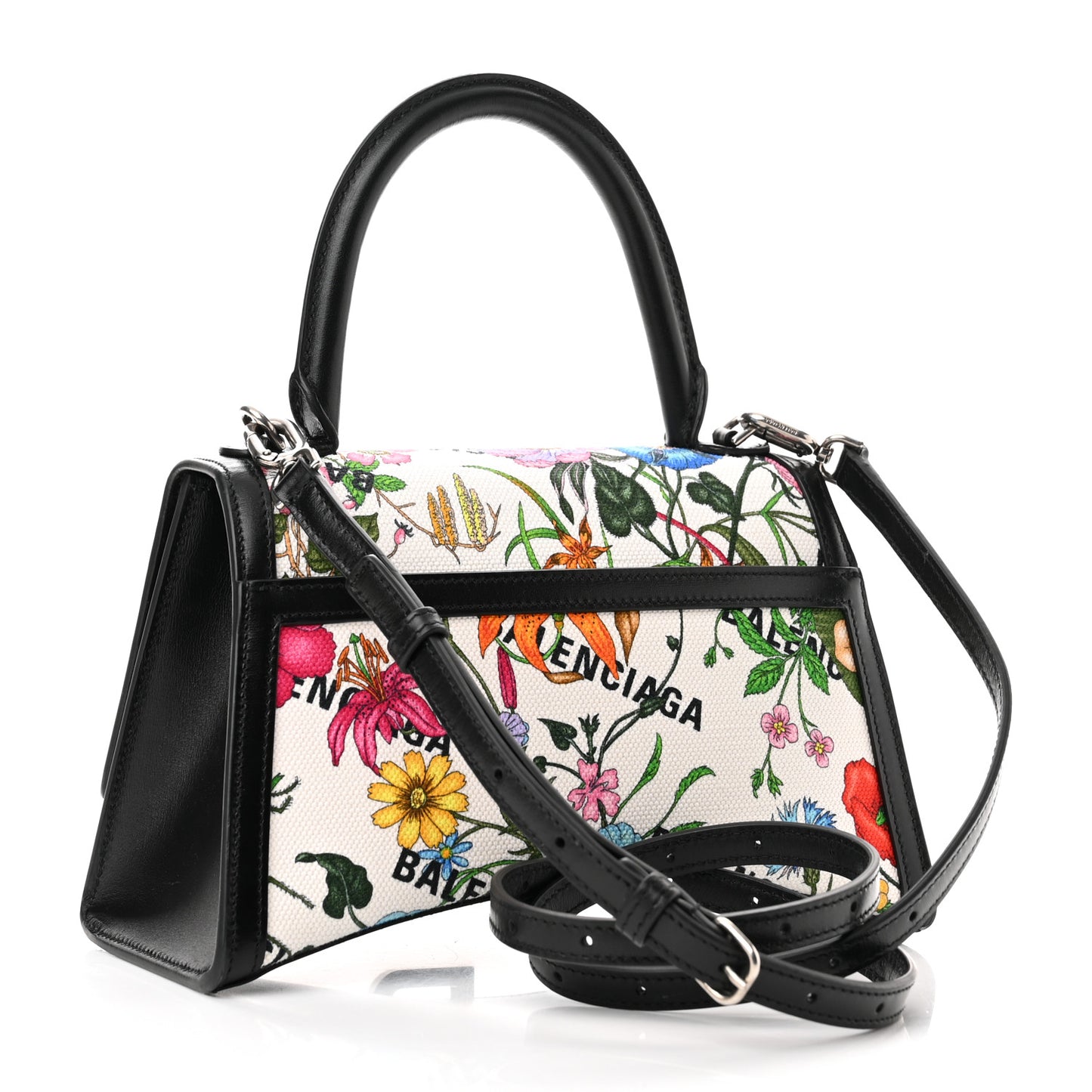 X GUCCI Canvas Boarded Plutone Calfskin Flora Logo Print Small Hourglass Top Handle Bag White Multicolor Black