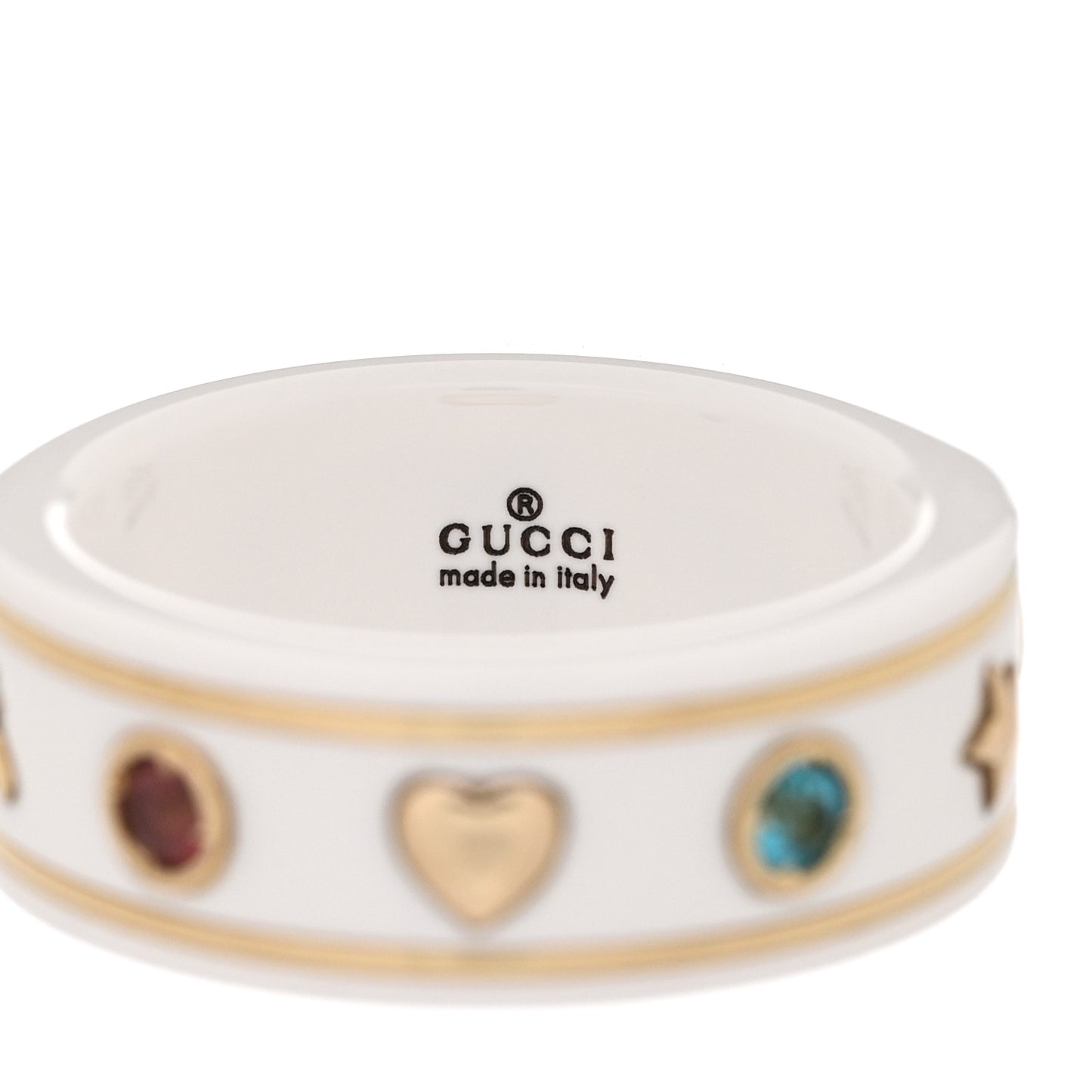 18K Yellow Gold Ceramic Topaz Icon Band Ring 50 5.25 White