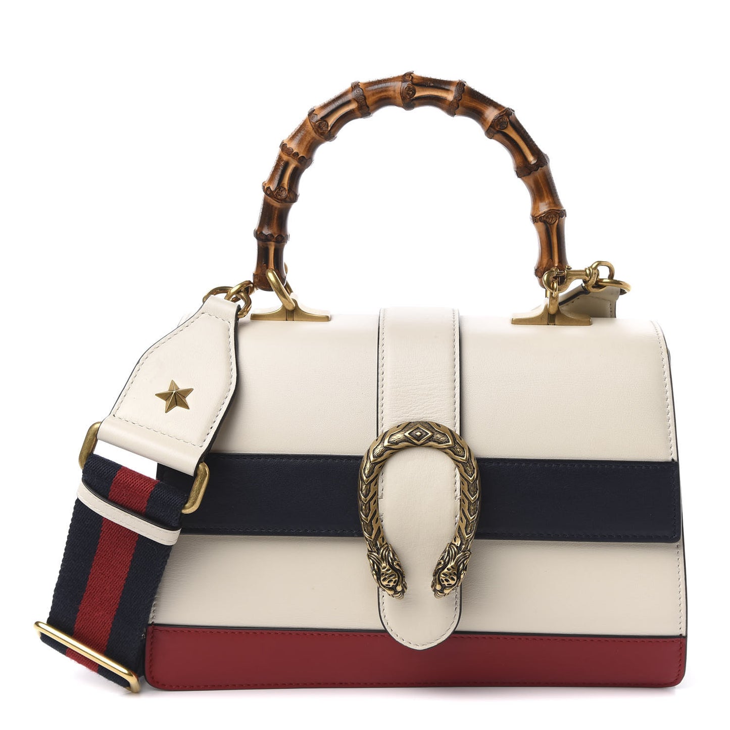 Calfskin Bamboo Web Medium Dionysus Top Handle Bag White Blue Hibiscus Red