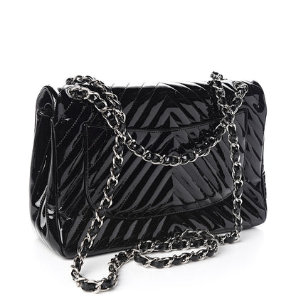 Chanel Patent Chevron Quilted Jumbo Double Flap Black 2 of 9