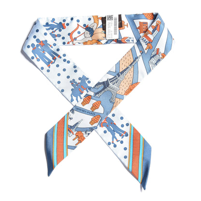 Hermes Silk Les Nouveaux Amoureux de Paris Twilly Ciel Blue Jean Orange 1 of 4