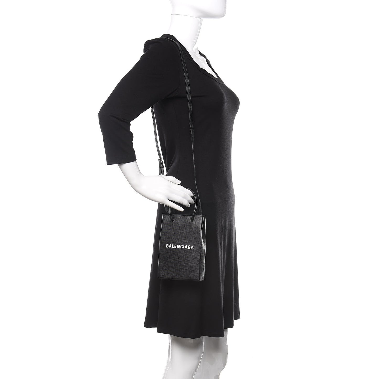 Textured Calfskin Lambskin Logo Shopping Phone Holder Bag Black