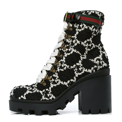 Gucci Tweed GG Monogram Lace Up Combat Ankle Boots 38.5 Black 1 of 4