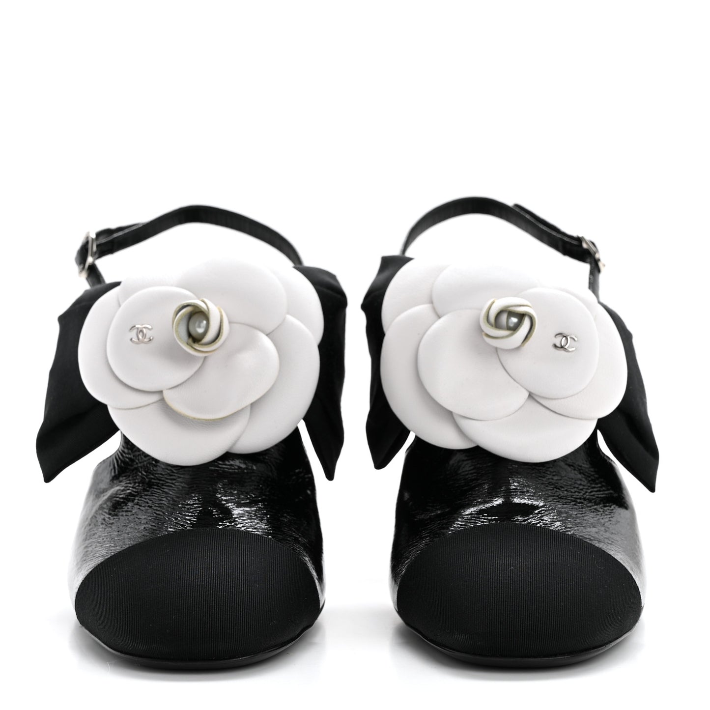 Crumpled Shiny Fabric Grosgrain Cap Toe Camellia Bow Slingback Pumps 40 Black