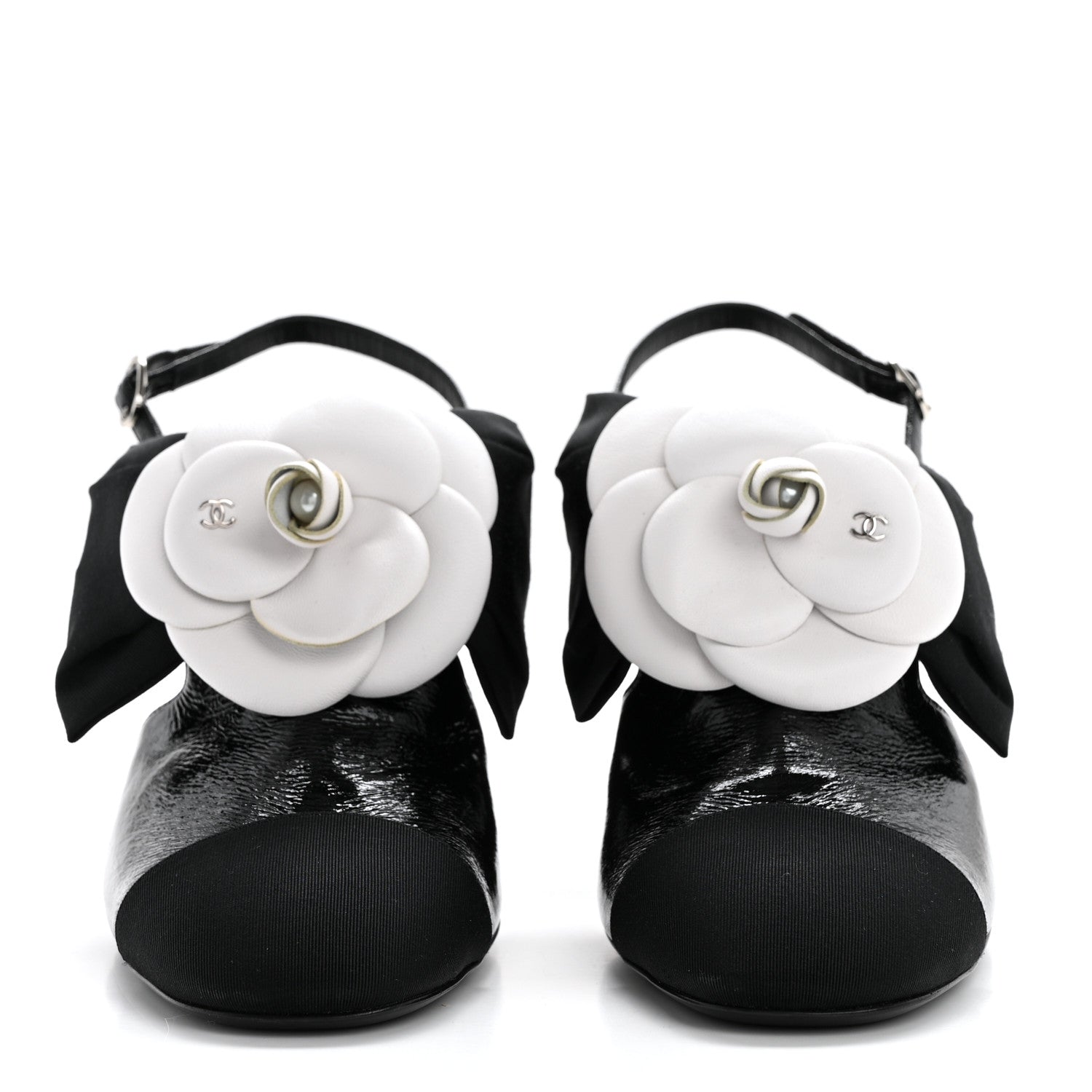 Chanel Crumpled Shiny Fabric Grosgrain Cap Toe Camellia Bow Slingback Pumps 40 Black 2 of 7