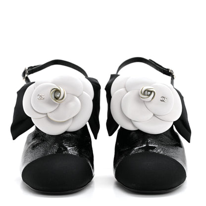 Chanel Crumpled Shiny Fabric Grosgrain Cap Toe Camellia Bow Slingback Pumps 40 Black 2 of 7