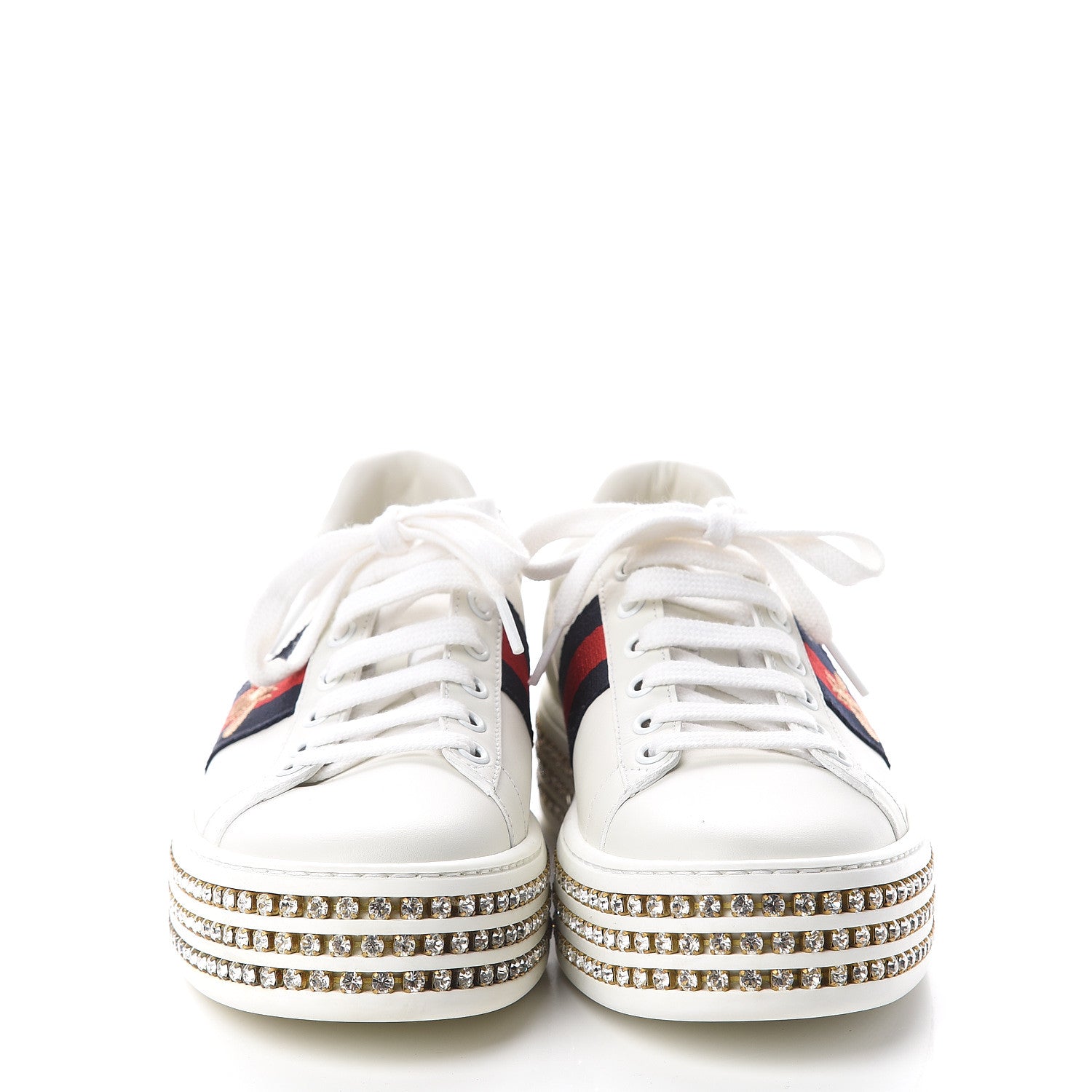 Gucci Calfskin Crystal Web Bee Embroidered Womens Ace Platform Sneakers 37 White 2 of 7