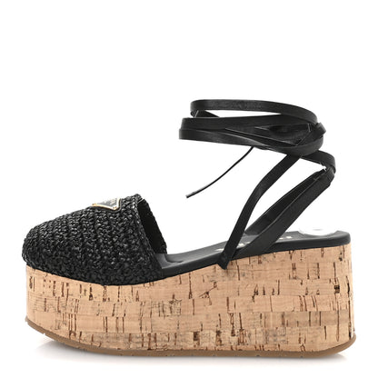Prada Raffia Cork Triangle Crochet Ankle Strap Platform 75mm Sandals 35 Black 1 of 9
