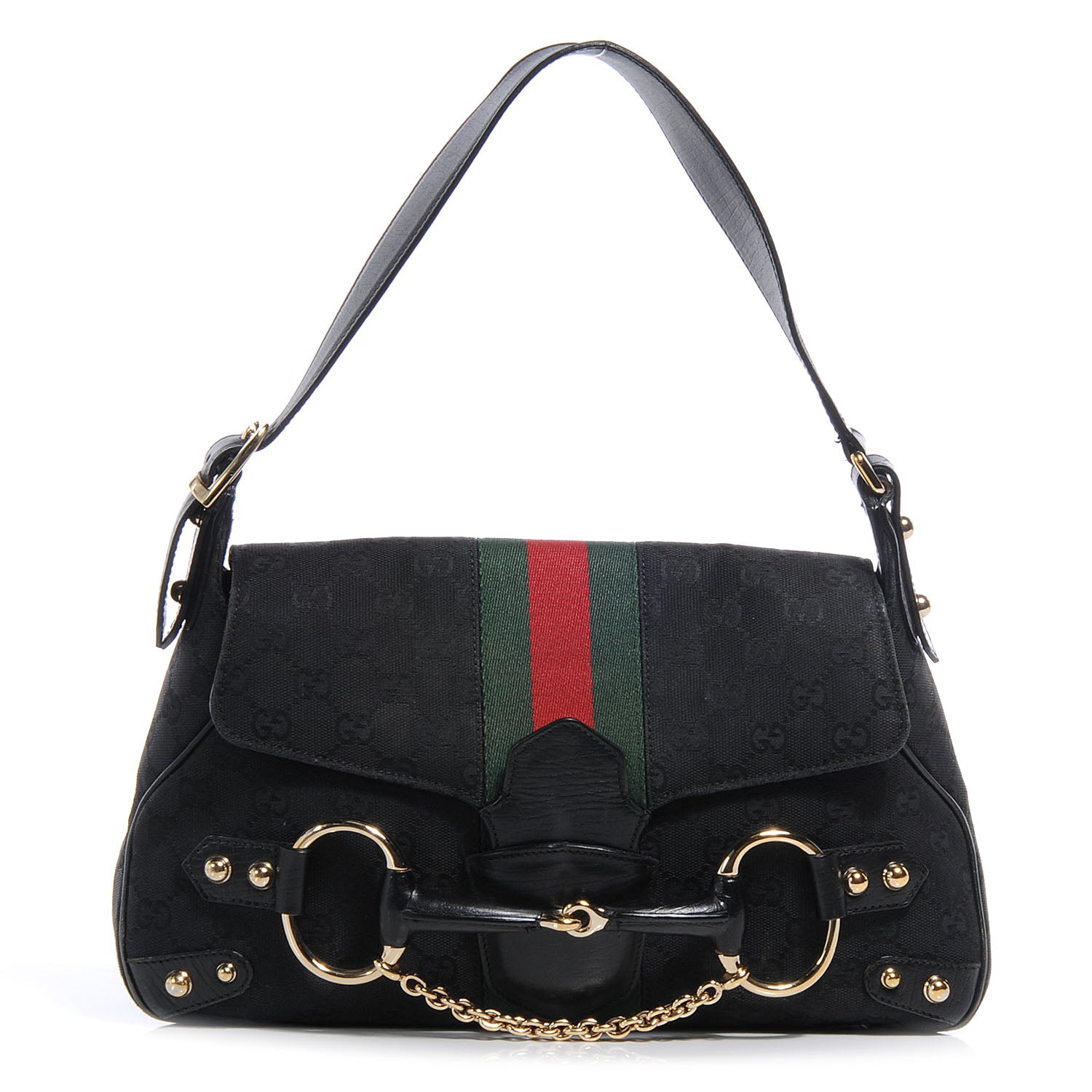Gucci Monogram Horsebit Web Flap Bag Black 1 of 9