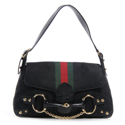 Gucci Monogram Horsebit Web Flap Bag Black 1 of 9