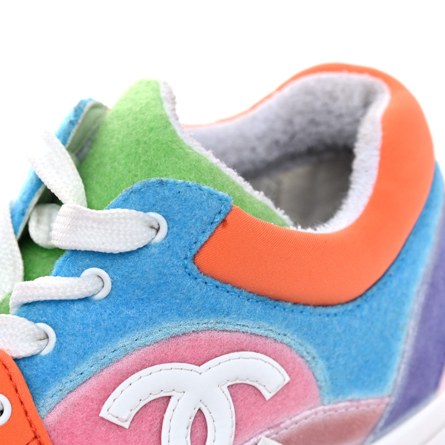 Chanel Fabric Calfskin Suede CC Womens Sneakers 37.5 White Multicolor 8 of 10