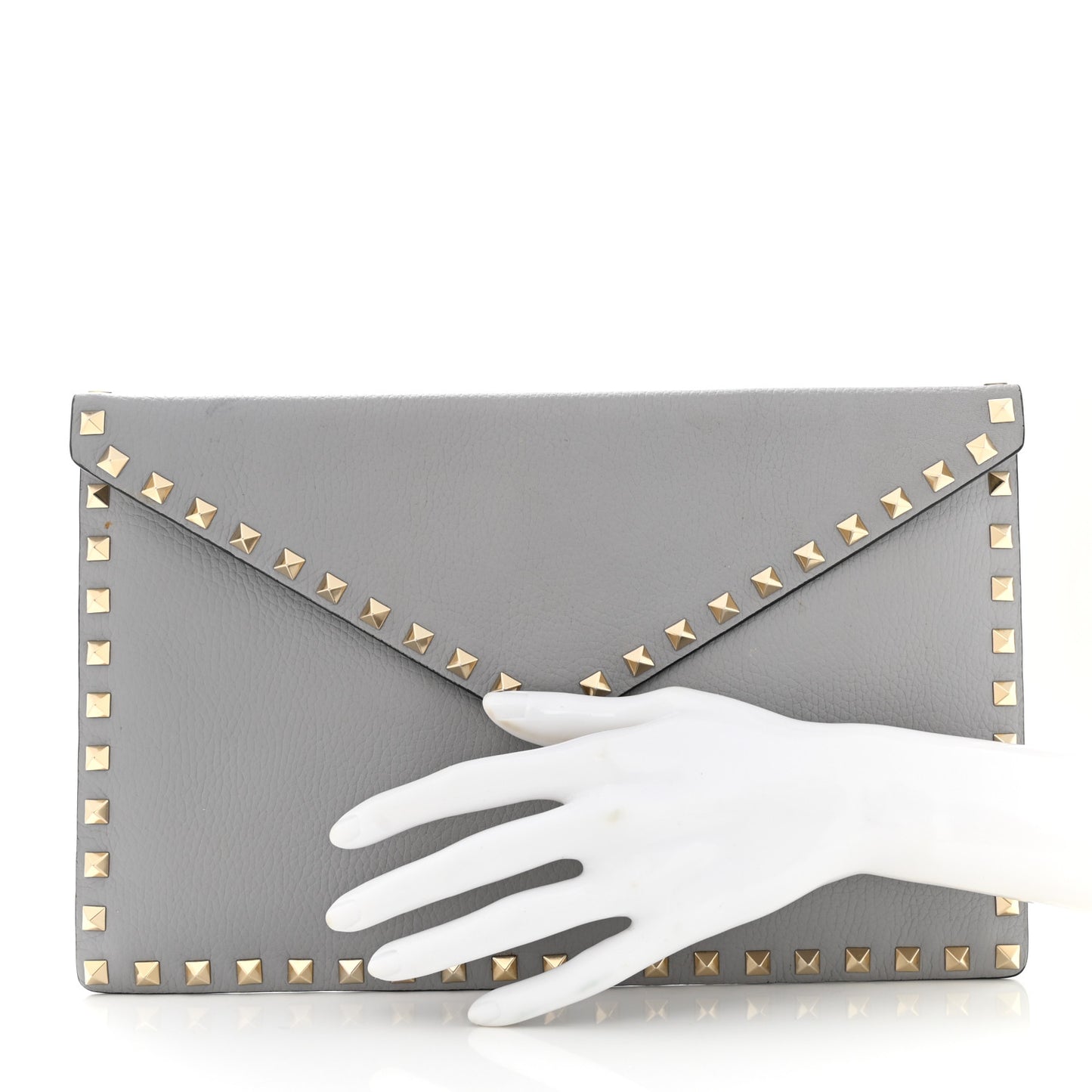 Pebbled Calfskin Large Rockstud Envelope Clutch Pastel Grey