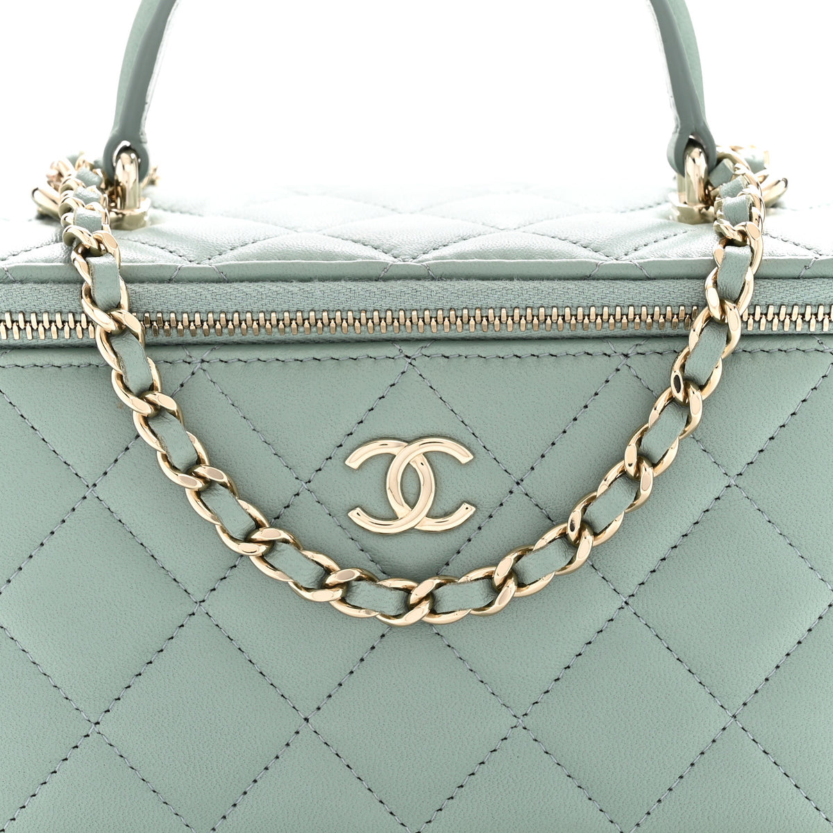 Lambskin Quilted Small Top Handle Vanity Case With Chain Light Green
