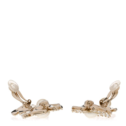 Chanel Crystal Pearl Flower CC Clip On Drop Earrings Light Gold 3 of 5