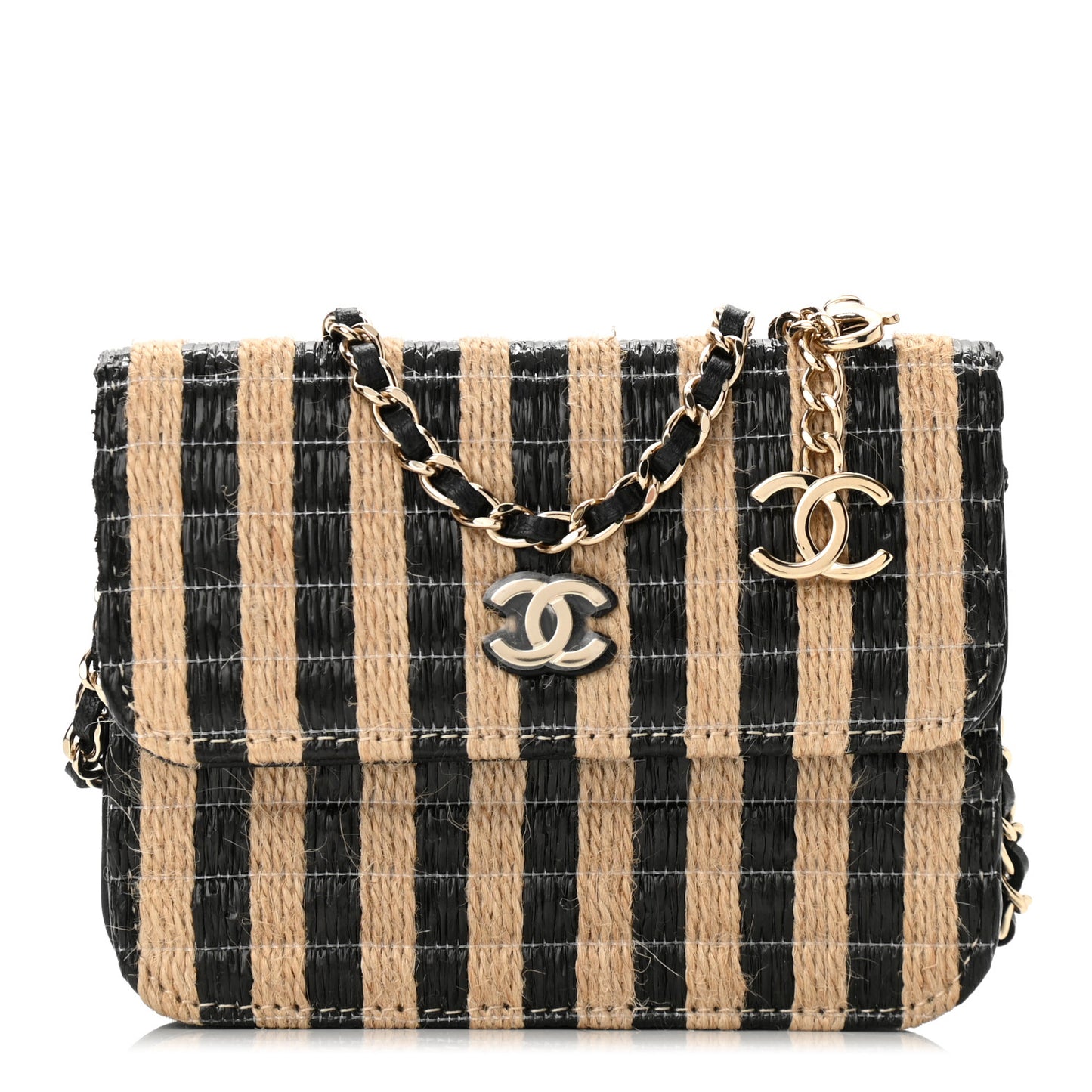 Raffia Jute Striped Belt Bag Black Beige