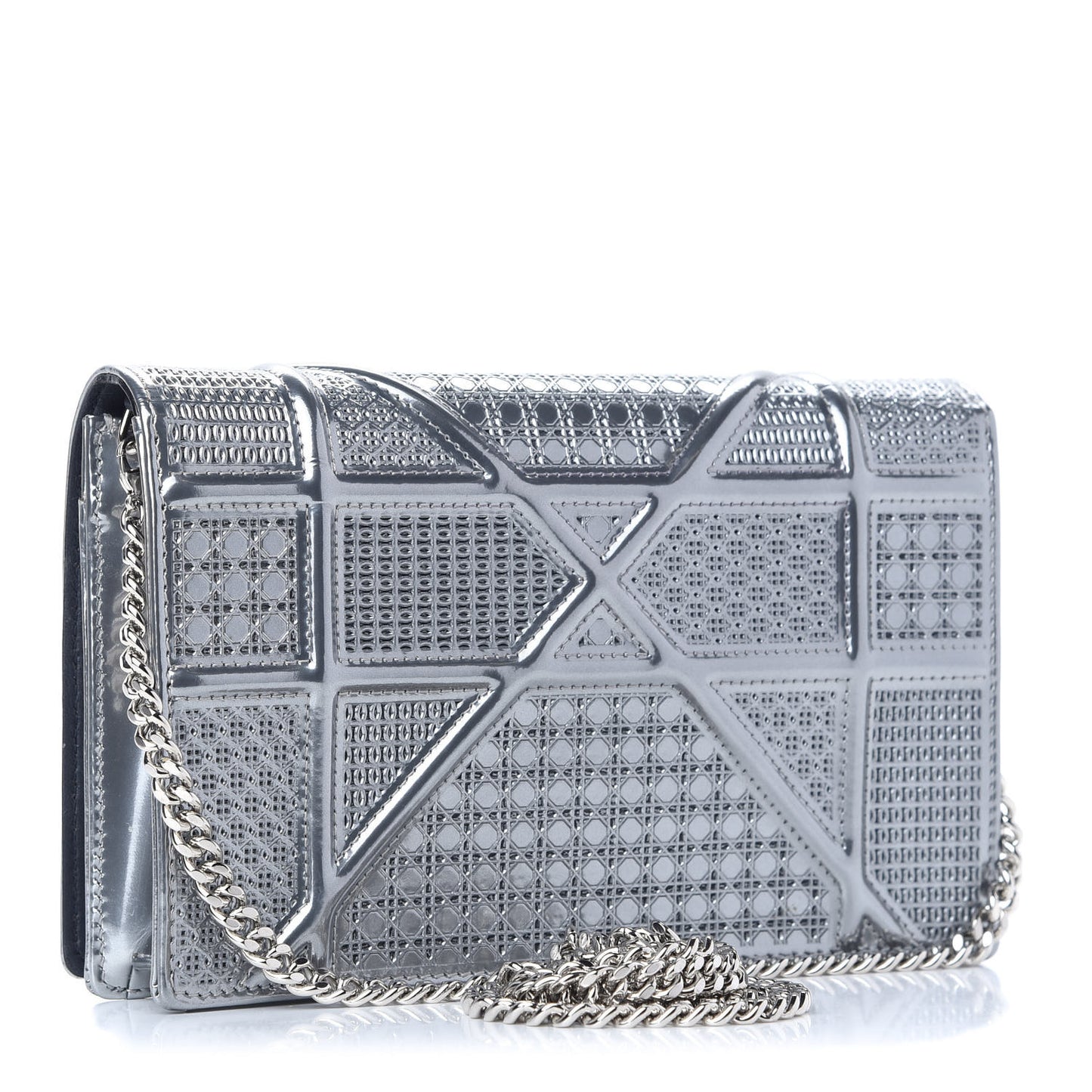 Metallic Patent Micro-Cannage Diorama Wallet on Chain Pouch Silver