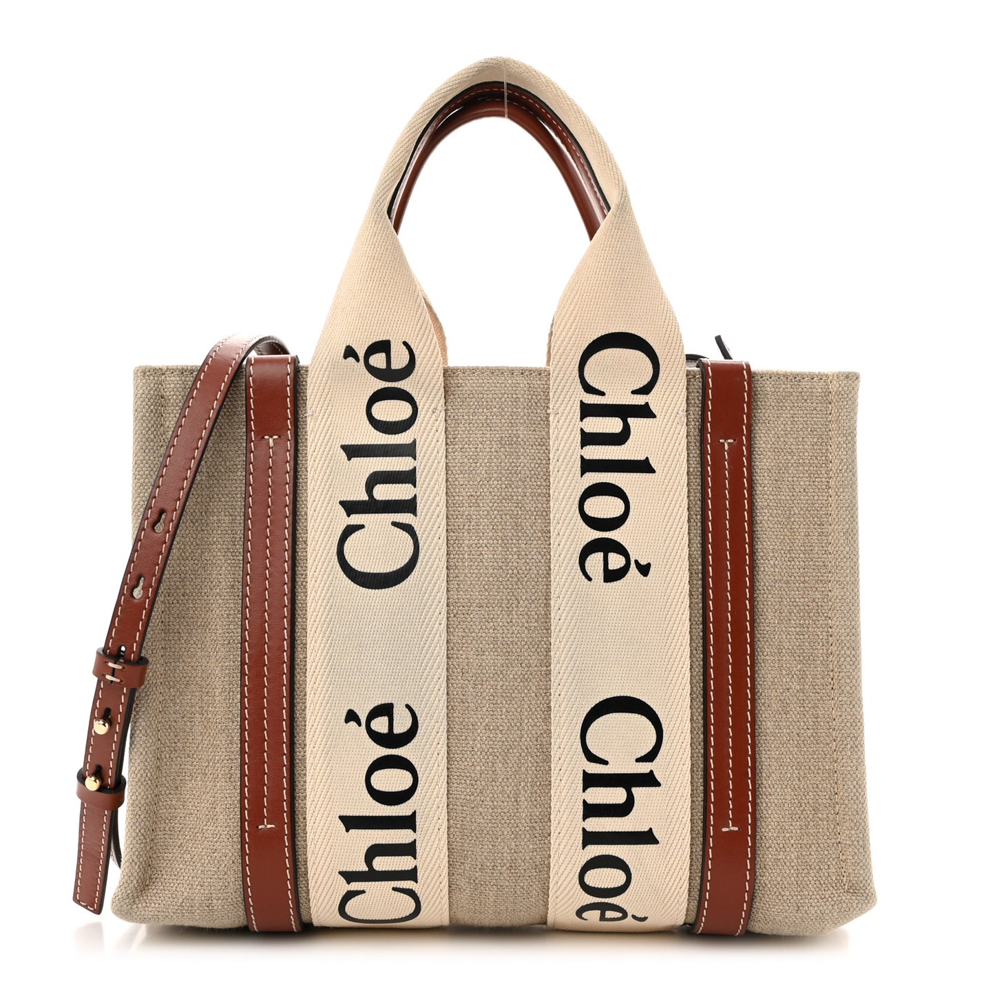Linen Calfskin Small Woody Ribbon Tote With Strap White Brown