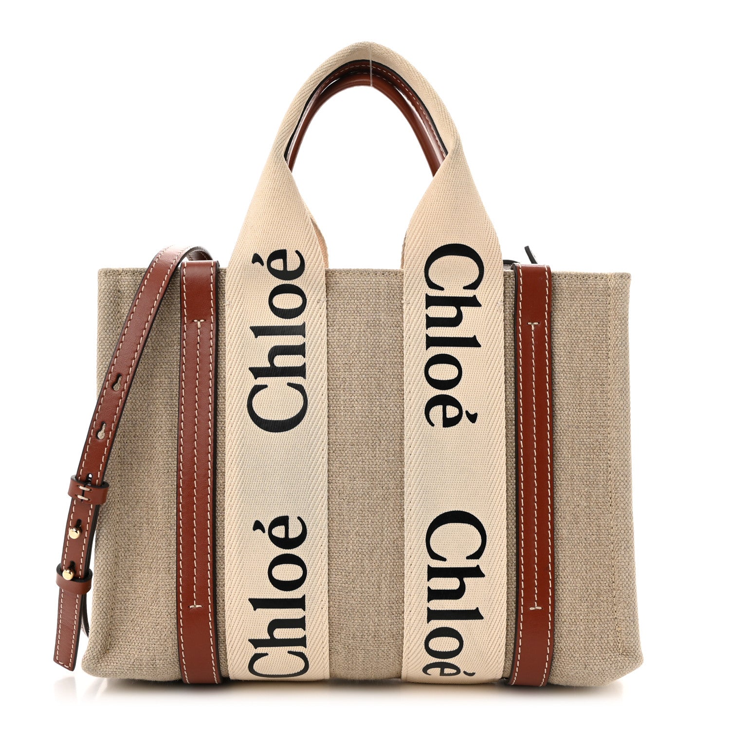 Chloe Linen Calfskin Small Woody Ribbon Tote With Strap White Brown 1 of 11