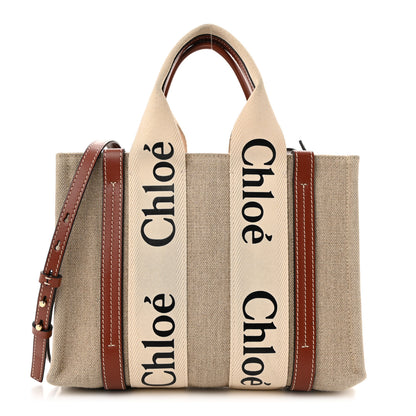 Chloe Linen Calfskin Small Woody Ribbon Tote With Strap White Brown 1 of 11