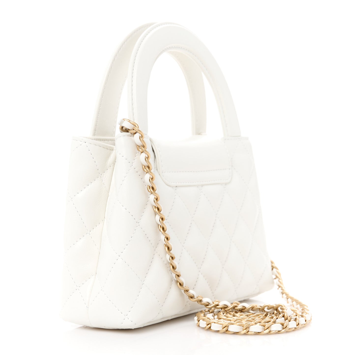 Shiny Aged Calfskin Quilted Nano Kelly Shopper White