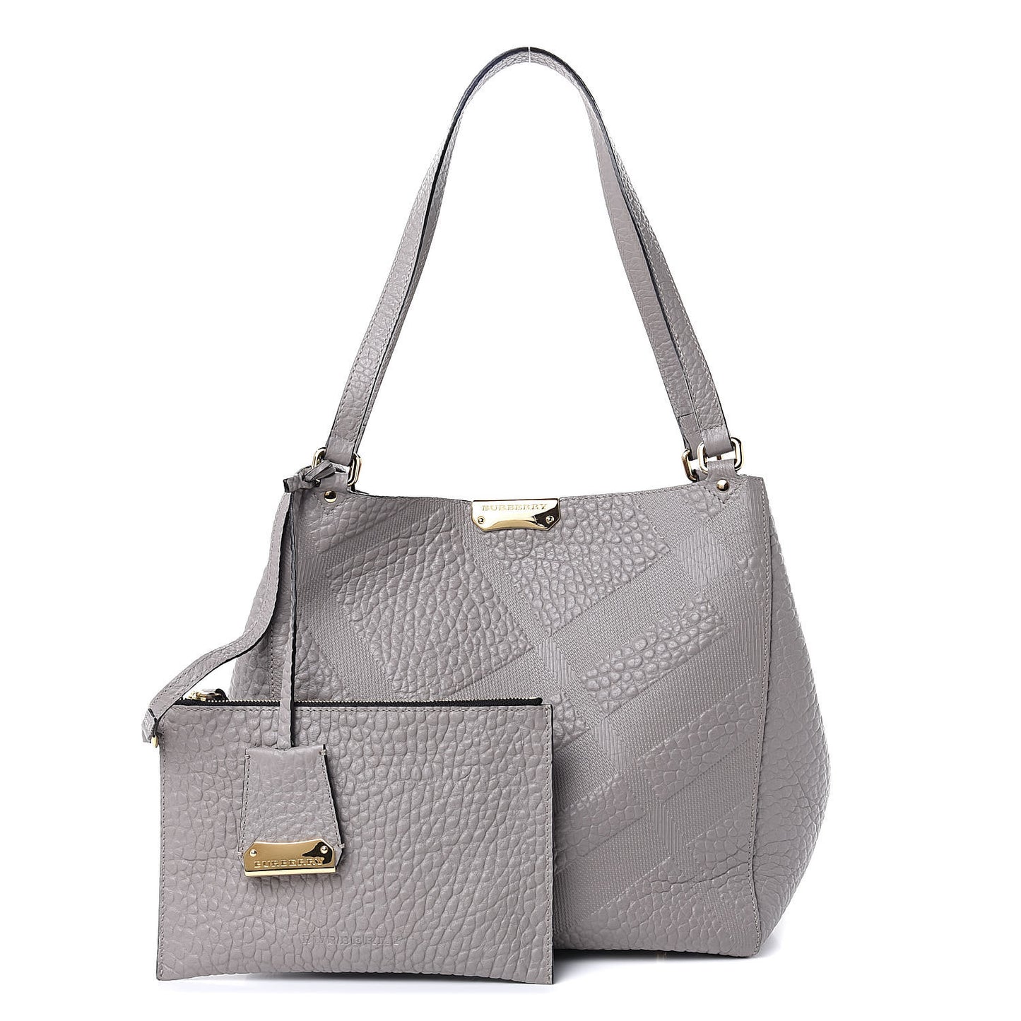 Signature Grain Calfskin Check Embossed Small Canterbury Tote Pale Grey
