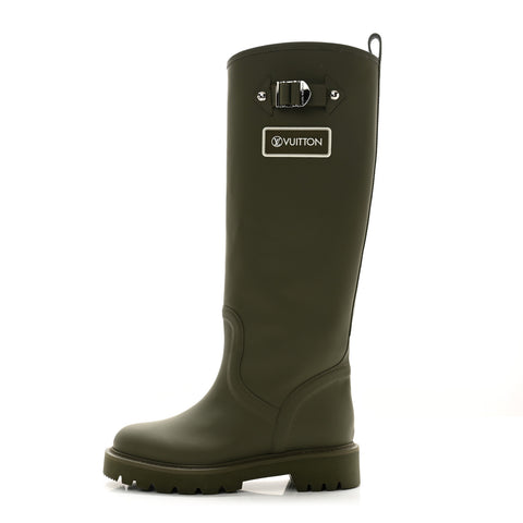 Rubber Calfskin Territory Flat High Boots 36 Khaki