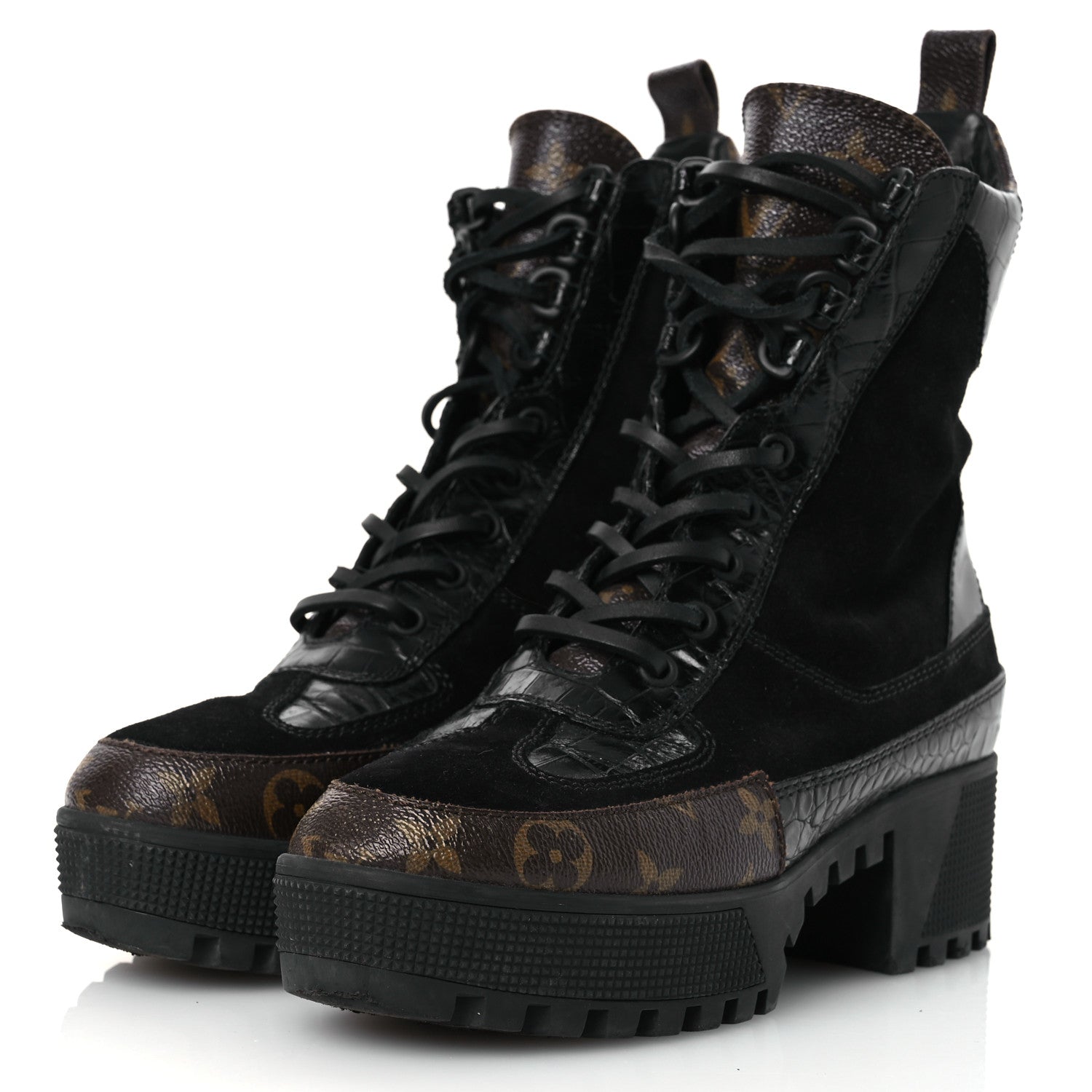 Louis Vuitton Suede Calfskin Crocodile Embossed Patent Monogram Laureate Platform Desert Boots 37 Black 4 of 12
