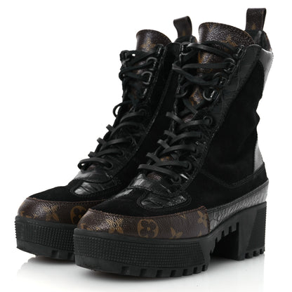 Louis Vuitton Suede Calfskin Crocodile Embossed Patent Monogram Laureate Platform Desert Boots 37 Black 4 of 12