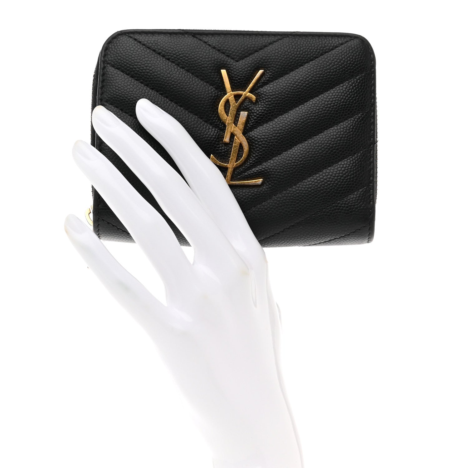 Saint Laurent Grain De Poudre Matelasse Chevron Monogram Compact Zip Around Wallet Black 2 of 7