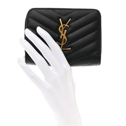 Saint Laurent Grain De Poudre Matelasse Chevron Monogram Compact Zip Around Wallet Black 2 of 7
